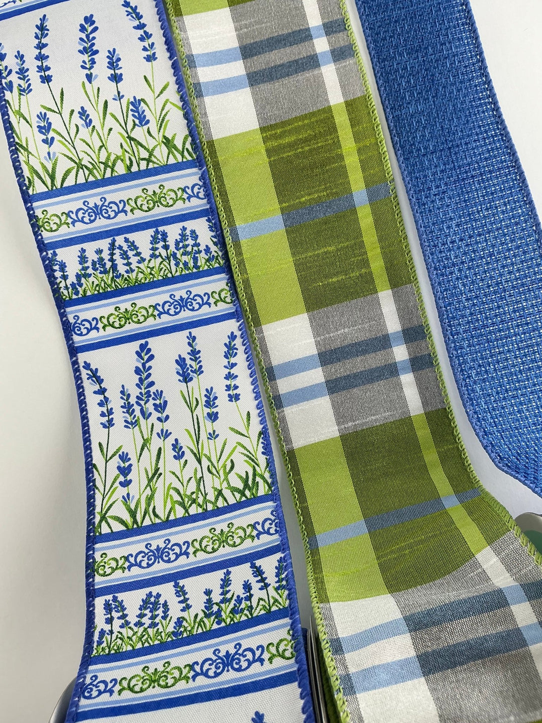 Blue and green plaid bow bundle x 3 wired ribbons - Greenery MarketWired ribbon