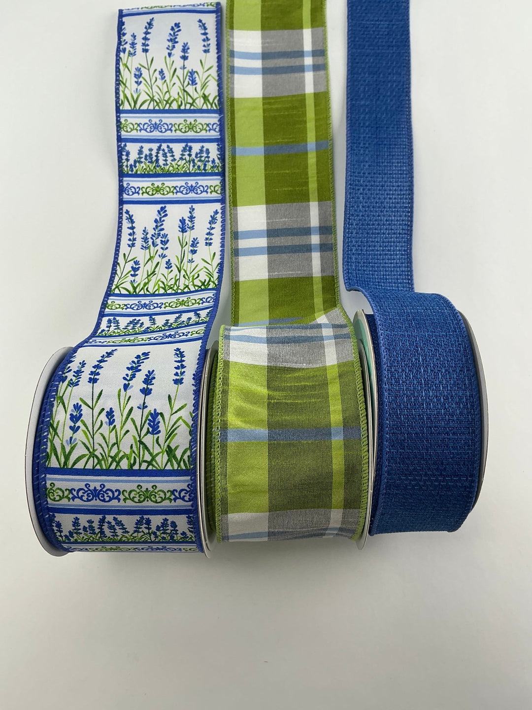 Blue and green plaid bow bundle x 3 wired ribbons - Greenery MarketWired ribbon