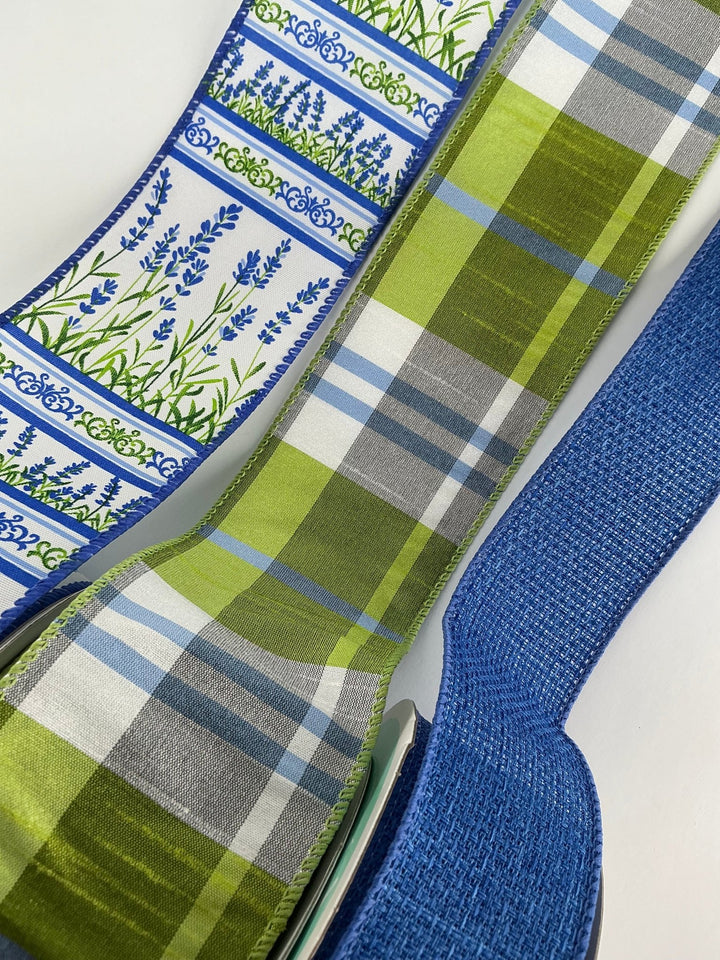Blue and green plaid bow bundle x 3 wired ribbons - Greenery MarketWired ribbon