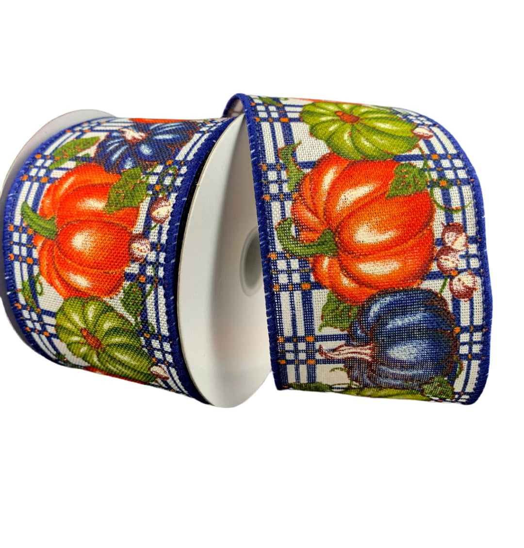 Blue and orange pumpkin wired ribbon 2.5” - Greenery MarketWired ribbon61319 - 40 - 25