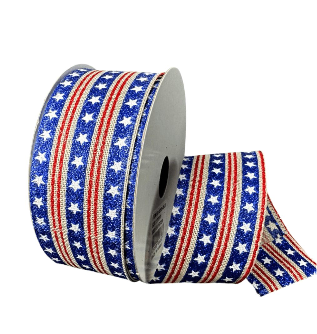 Blue And Red Glittered Stars 1.5” Wired Ribbon - Greenery Marketwired ribbon46503 - 09 - 25