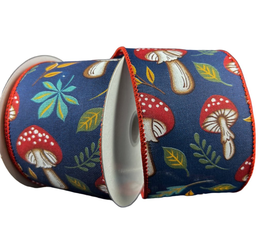 Blue mushrooms and leaves wired ribbon, 2.5" - Greenery MarketWired ribbon61411 - 40 - 38