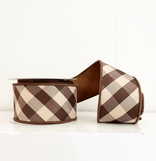 Brown Bias Cut Aspen Checks Dupion Wired Ribbon - 2.5" - Greenery Market12756BR