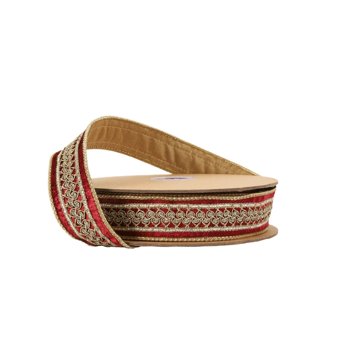 Burgundy & Gold Double - Fused Wired Premium Velvet Ribbon w/ Metallic Trim Ribbon - 1.5" - Greenery Market7250W - 277 - 38E
