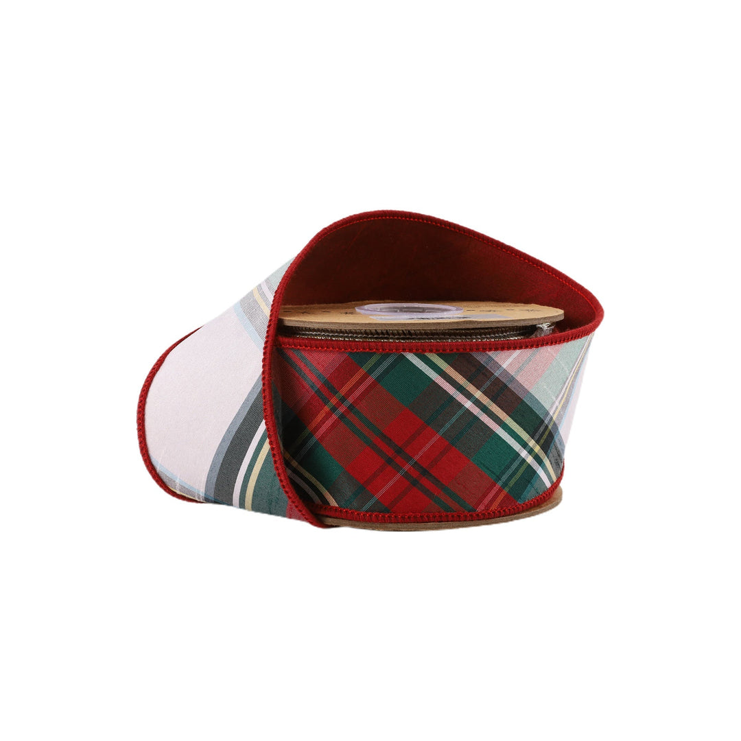 Burgundy, Green, & White Plaid Bias Wired Dupioni Ribbon - 2.5" - Greenery Market9114W - 035 - 63C