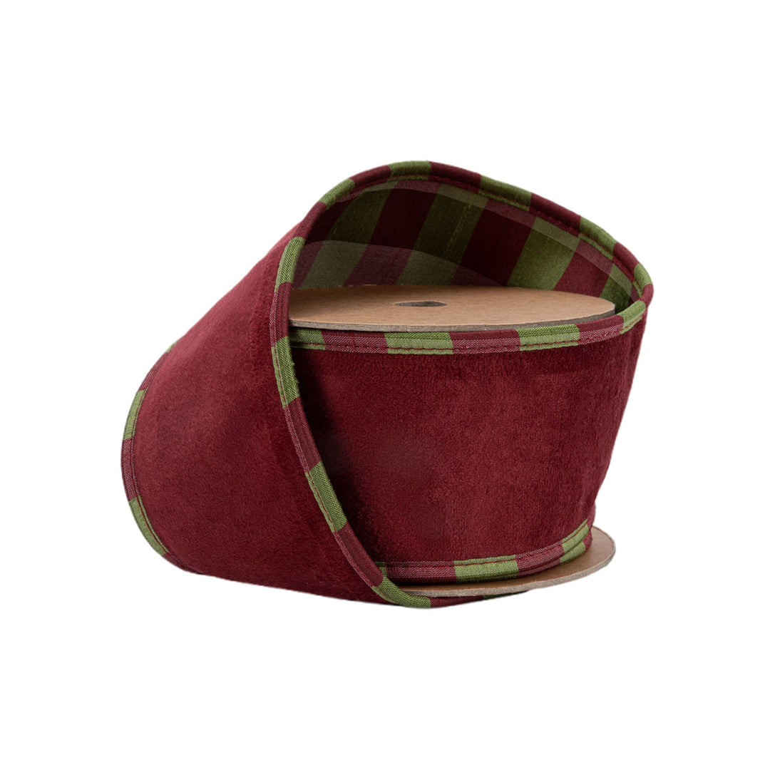 Burgundy With Aspen Check Piping Wired Ultrasuade Velvet Ribbon - 2.5" - Greenery Market7252W - 275 - 63E