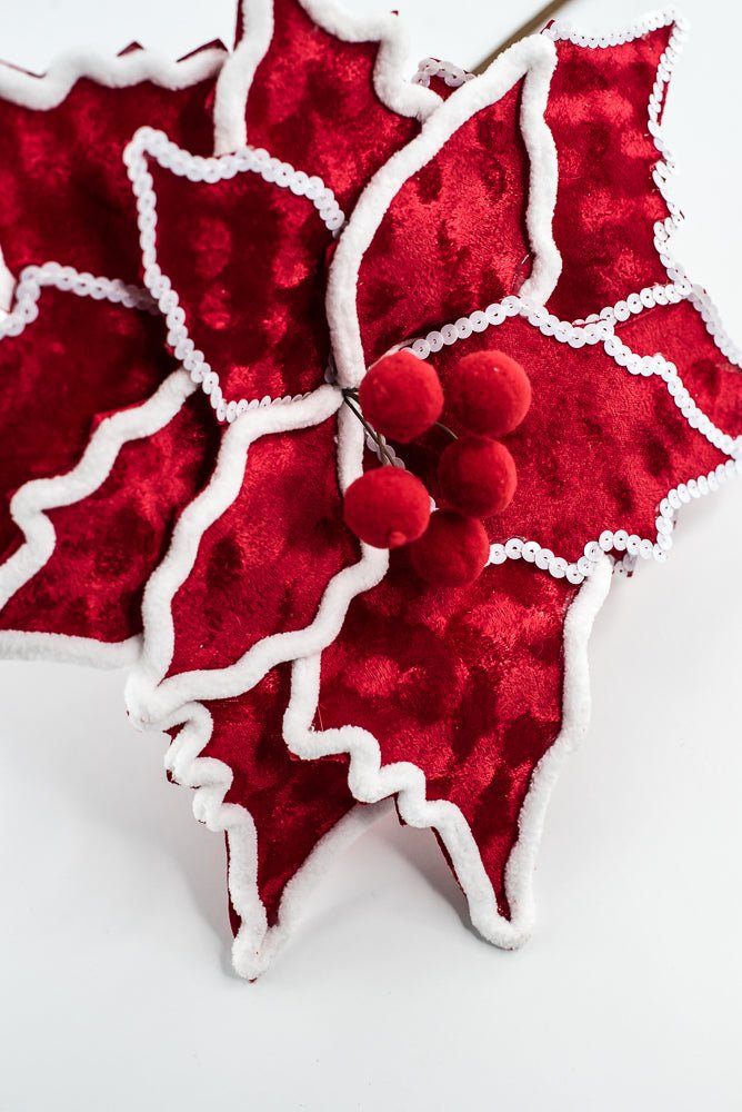 Chenille Sequin Edge Red Poinsettia Stem - Greenery Market65148
