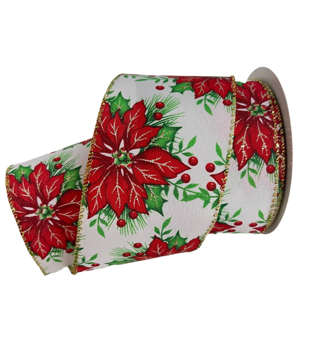 Christmas Poinsettia with gold trim wired ribbon 2.5” - Greenery MarketWired ribbon180331