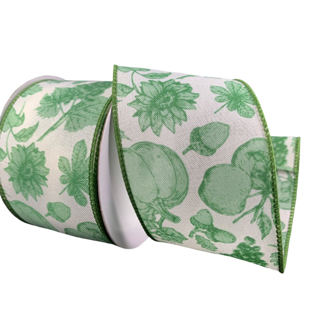 Cream and green toile pumpkin wired ribbon, 2.5" - Greenery MarketWired ribbon61325 - 40 - 06