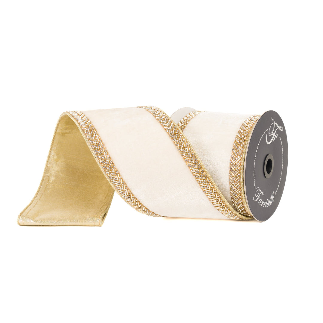 Cream Chevron Crystals Farrisilk Wired Ribbon - 4" - Greenery MarketRK813 - 01