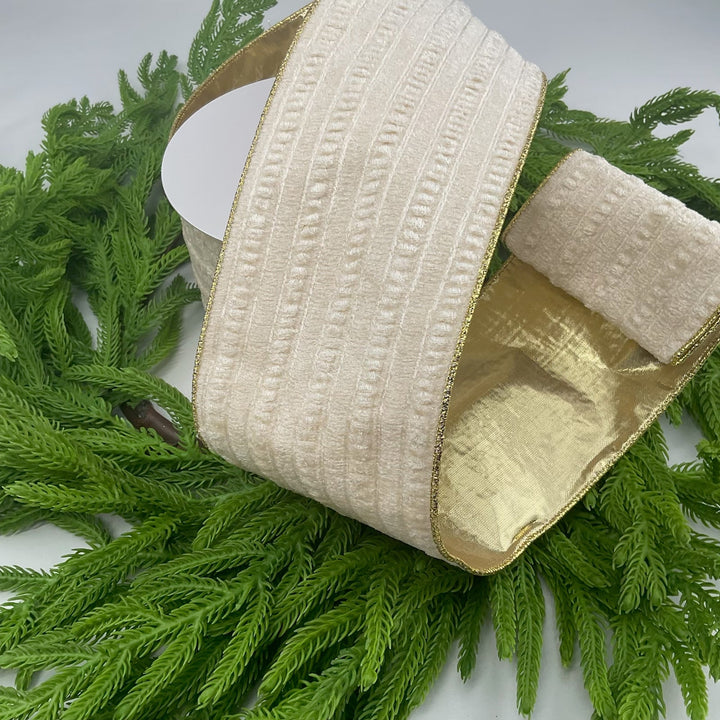 Cream crinkle velvet with gold back 4” wired ribbon - Greenery MarketMTX69779