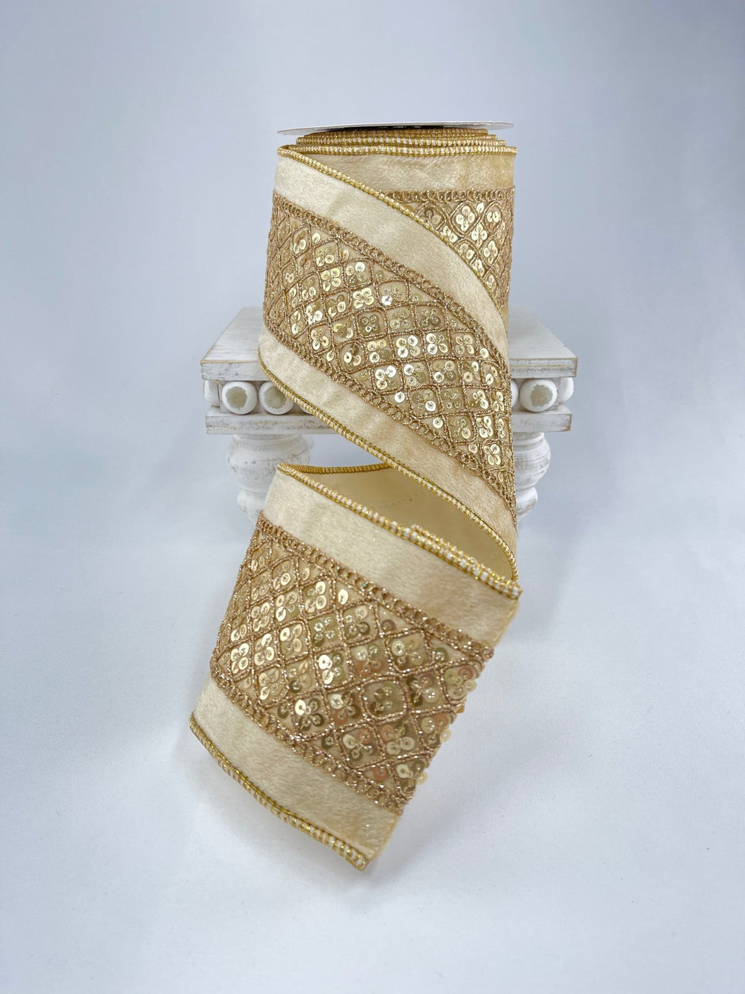 Cream velvet and gold sequin 4” wired ribbon - Greenery MarketWired ribbonMTX71581