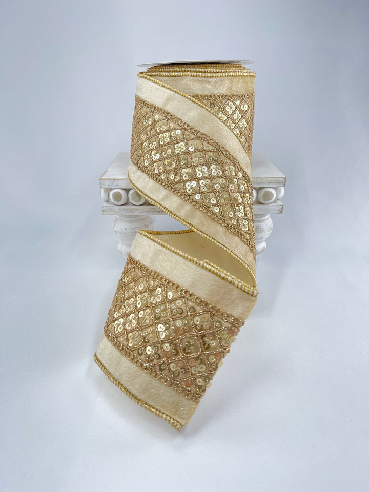 Cream velvet and gold sequin 4” wired ribbon - Greenery MarketWired ribbonMTX71581