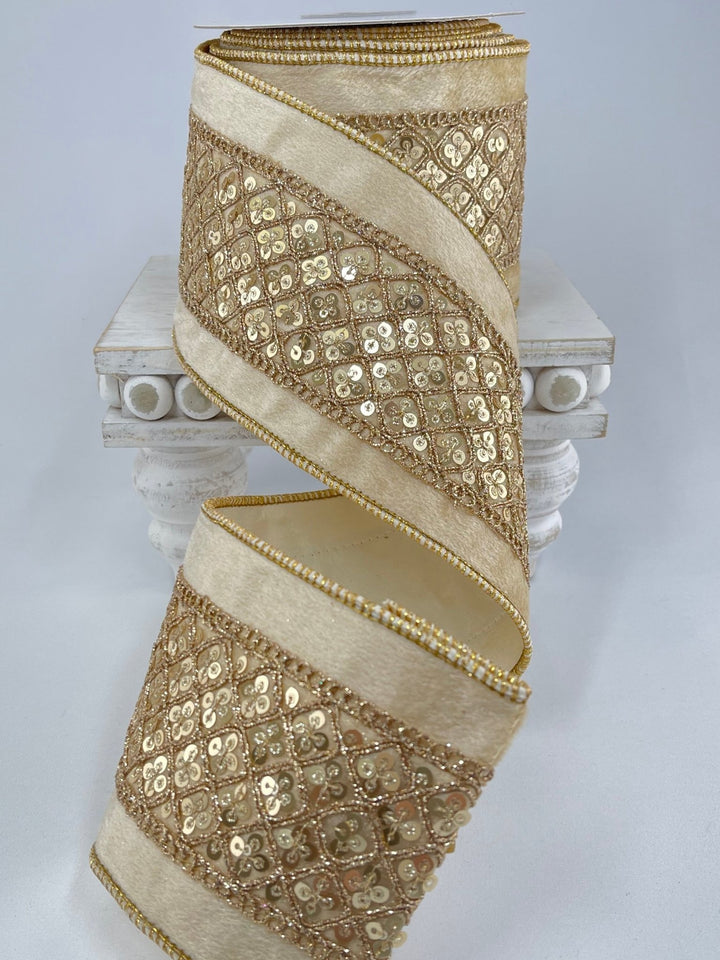 Cream velvet and gold sequin 4” wired ribbon - Greenery MarketWired ribbonMTX71581