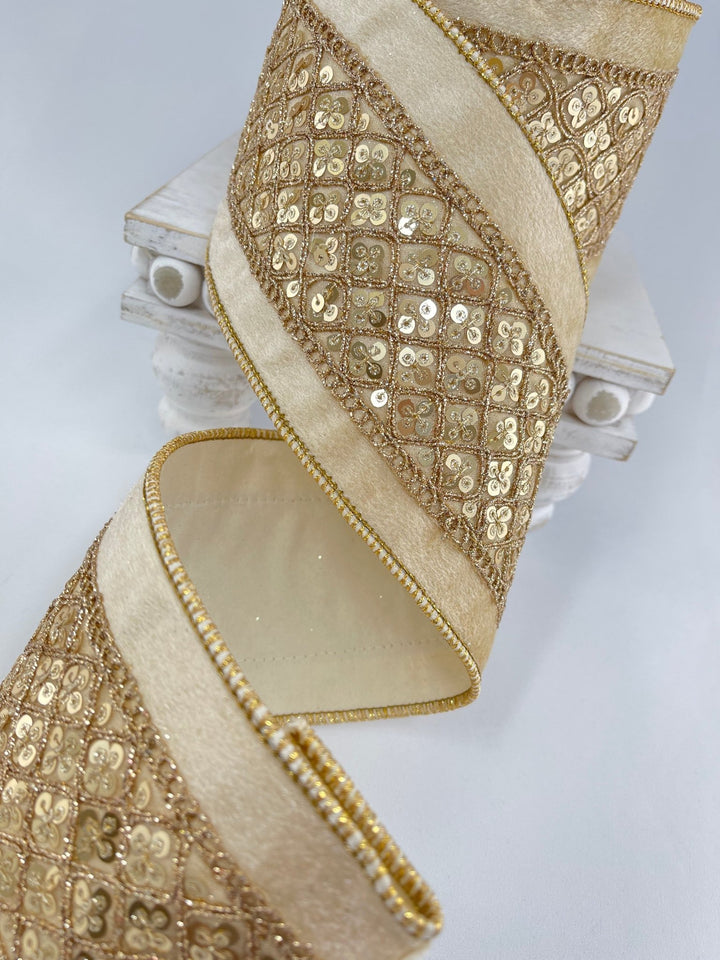 Cream velvet and gold sequin 4” wired ribbon - Greenery MarketWired ribbonMTX71581