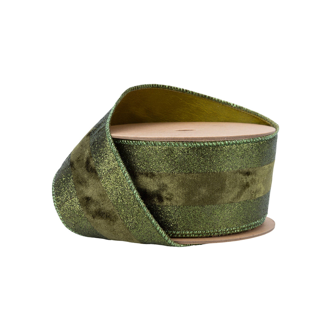 Dark Glitter with Dark Velvet Stripe Wired Ribbon - 2.5" - Greenery Market7116W - 593 - 63E