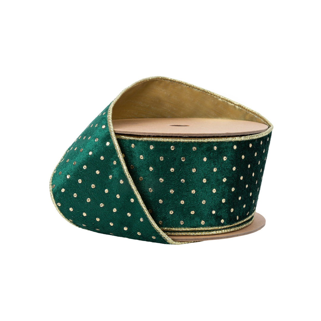 Dark Green with Gold Metallic Dot Wired Velvet Ribbon - 2.5" - Greenery Market7123W - 593 - 63E