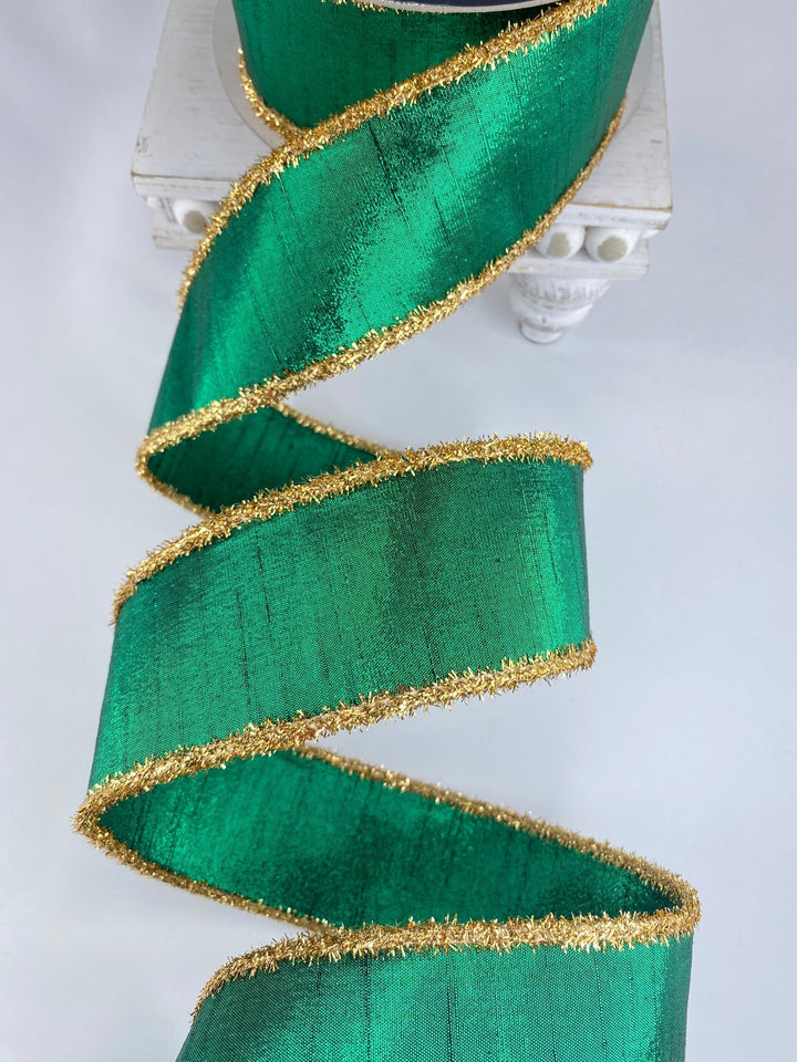 Emerald & Gold Tinsel Borders Farrisilk Wired Ribbon - 2.5" - Greenery MarketRK791 - 10