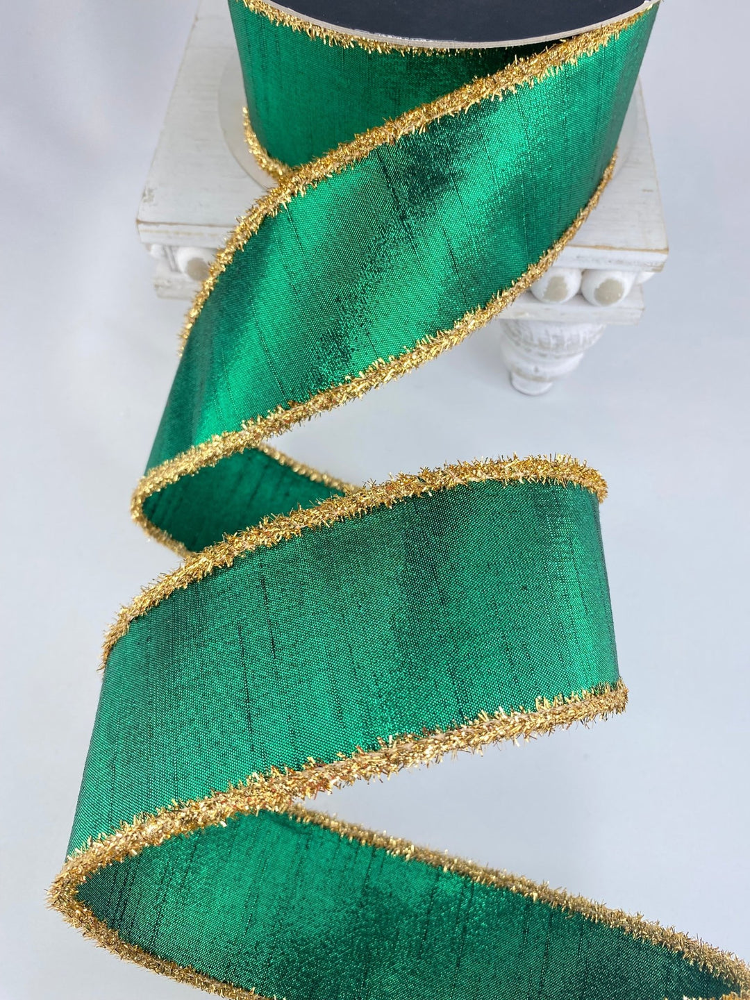 Emerald & Gold Tinsel Borders Farrisilk Wired Ribbon - 2.5" - Greenery MarketRK791 - 10