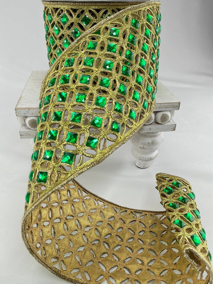 Emerald green, Farrisilk diamond lace tree ribbon - 4” - Greenery Marketwired ribbonRG240 - 56