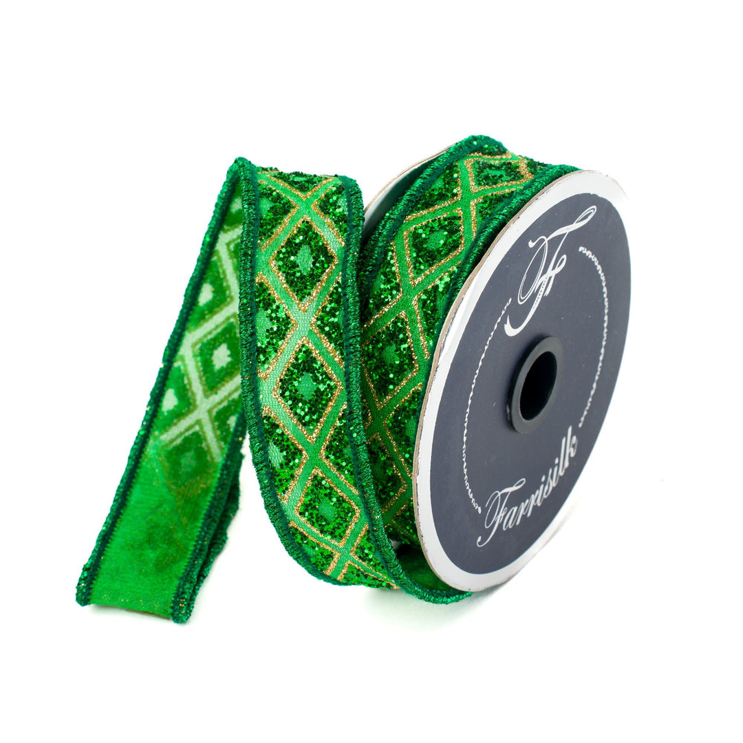 Emerald Marquise Diamond Farrisilk Wired Ribbon - 1" - Greenery MarketRK281 - 55