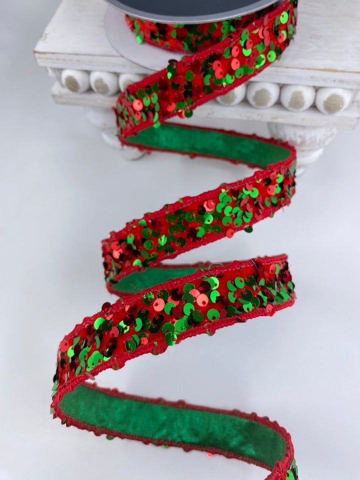 Emerald & Red Jolly Sequins Farrisilk Wired Ribbon - 1" - Greenery MarketRS178 - 48