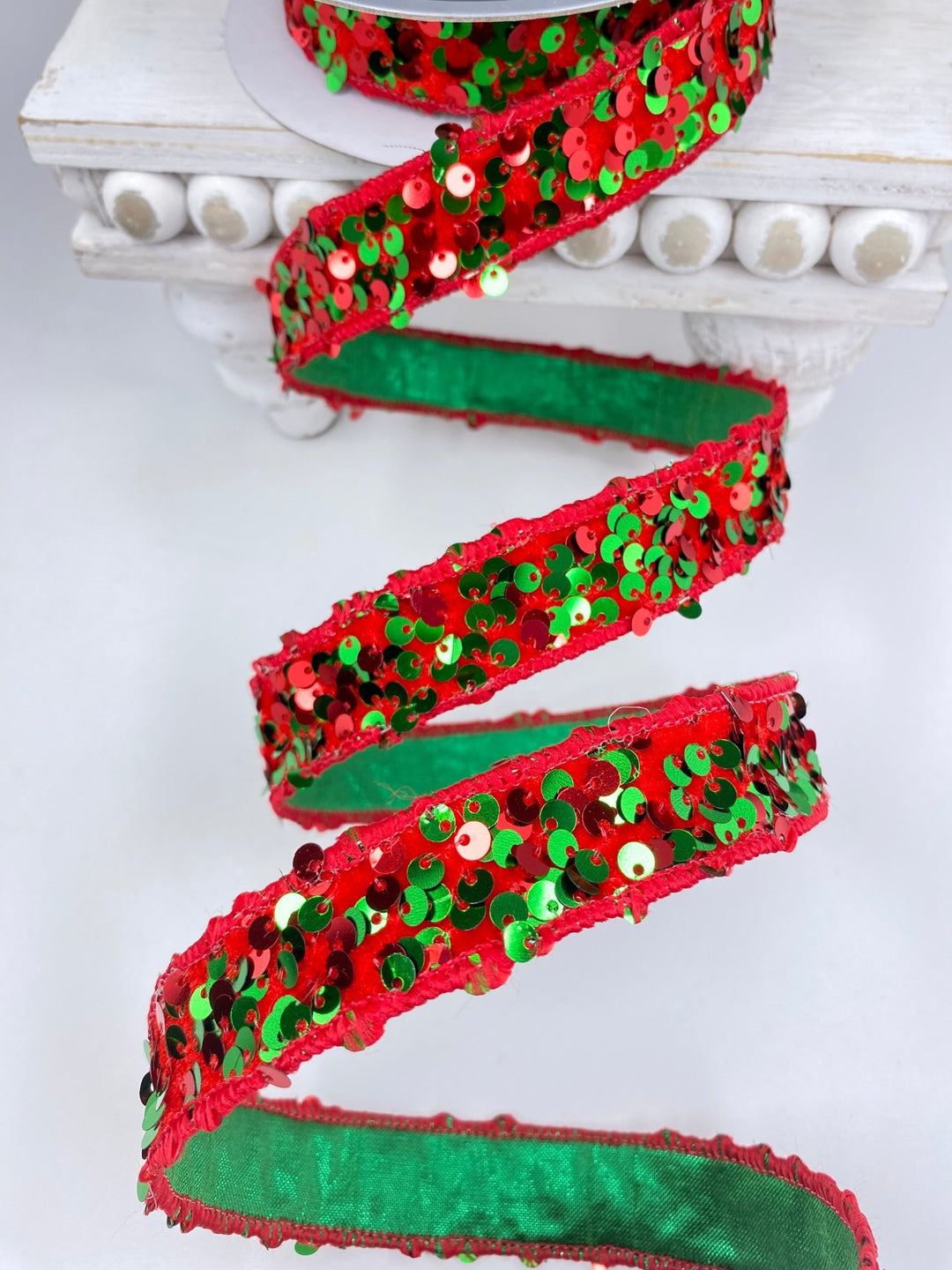 Emerald & Red Jolly Sequins Farrisilk Wired Ribbon - 1" - Greenery MarketRS178 - 48