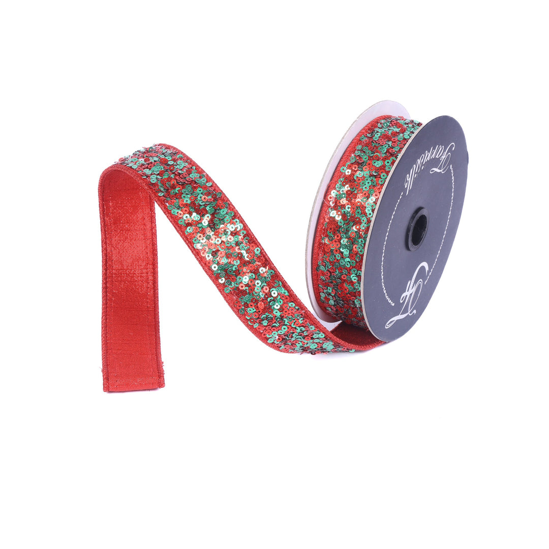 Emerald & Red Sequins Sparkles Farrisilk Wired Ribbon - 1" - Greenery MarketRibbons & TrimRK798 - 48
