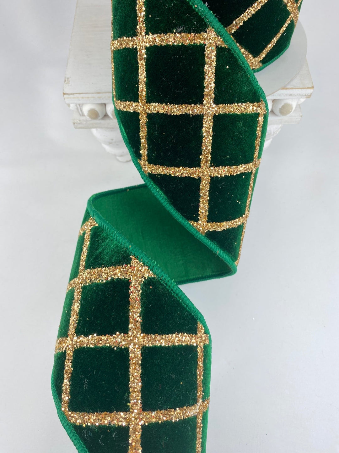Emerald Velvet Glitter Lattice Farrisilk Wired Ribbon - 4" - Greenery MarketRG021 - 55