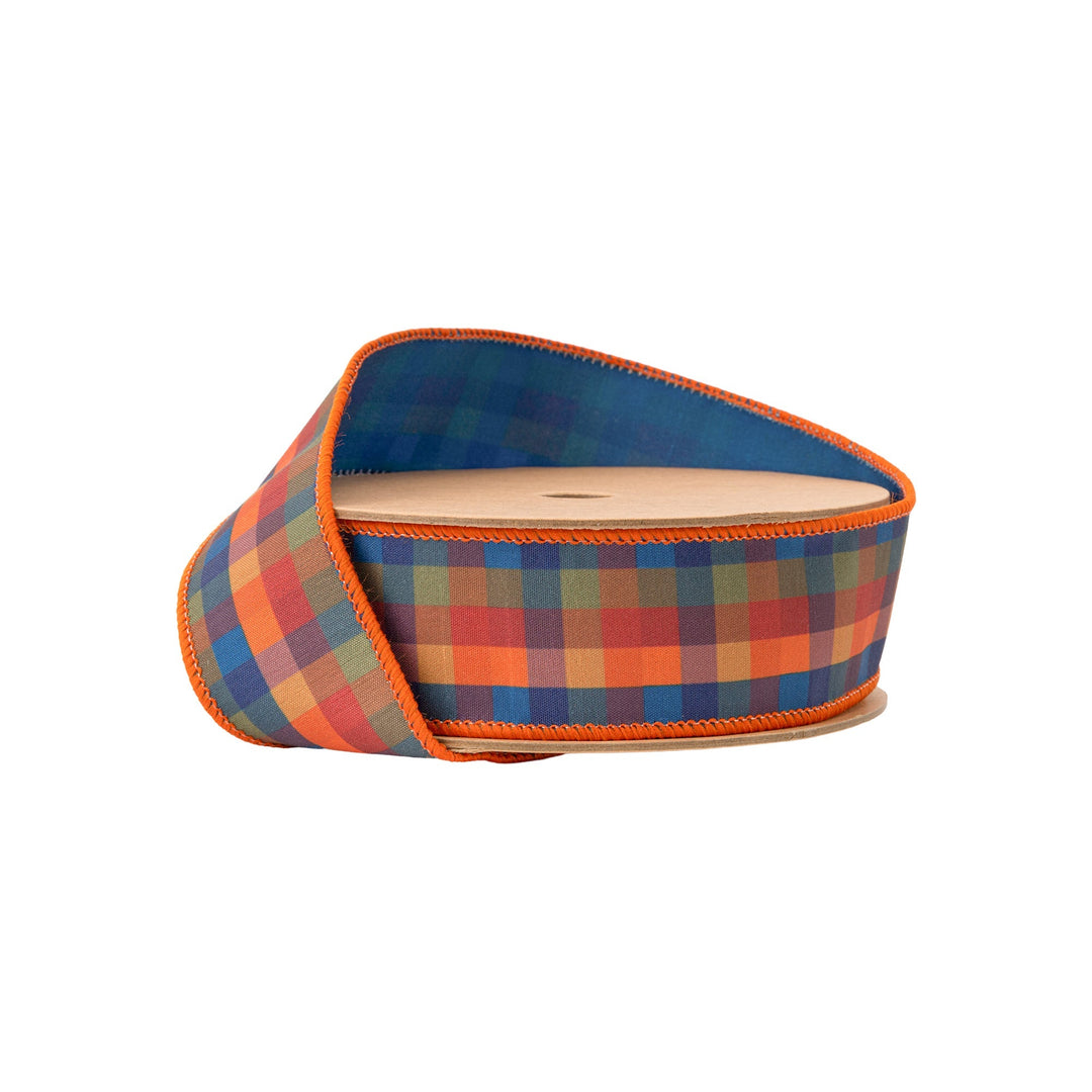 Fall Blue & Orange Plaid Wired Dupioni Ribbon - 1.5" - Greenery Market8204W - 368 - 38E