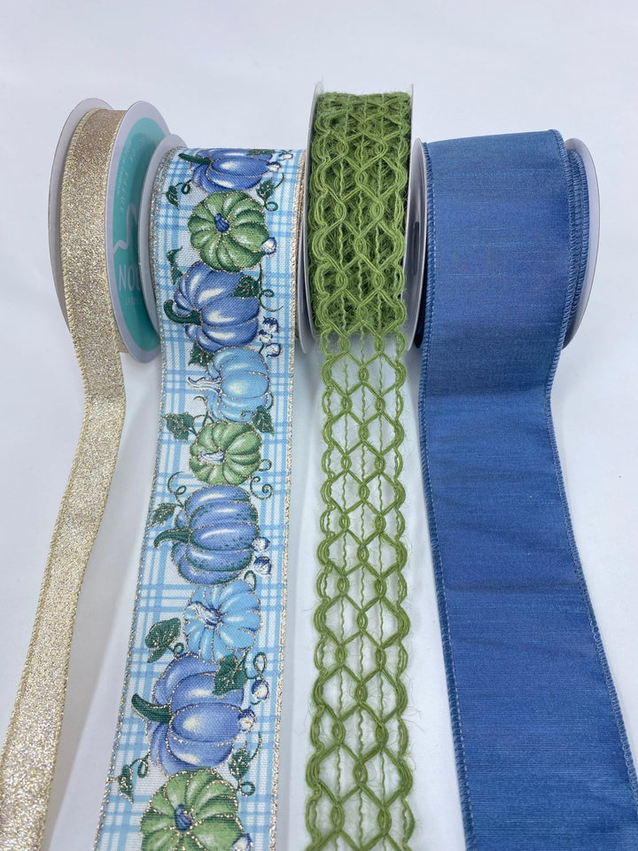 Fall blue pumpkin bow bundle x 4 ribbons - Greenery MarketBlueGreenPumpx4