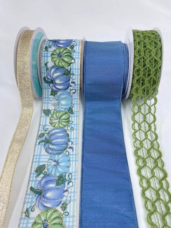 Fall blue pumpkin bow bundle x 4 ribbons - Greenery MarketBlueGreenPumpx4