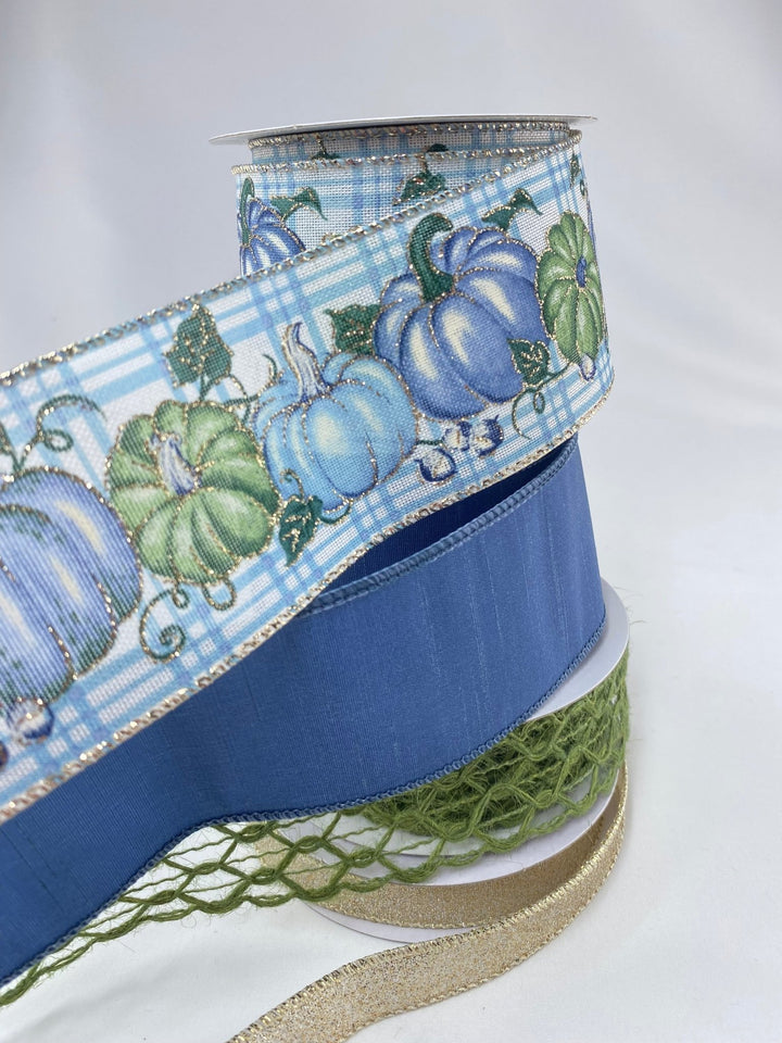 Fall blue pumpkin bow bundle x 4 ribbons - Greenery MarketBlueGreenPumpx4
