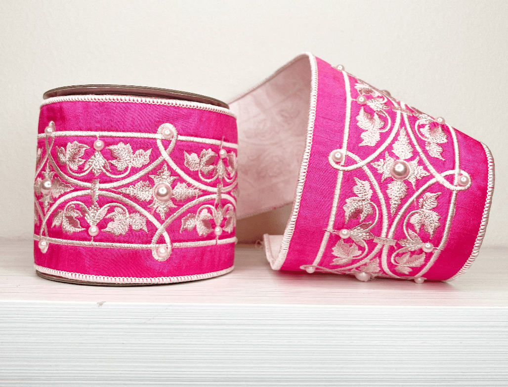 Fancy Pink & Pearl Wired Ribbon - 4" - Greenery Market25 - 600 - 5