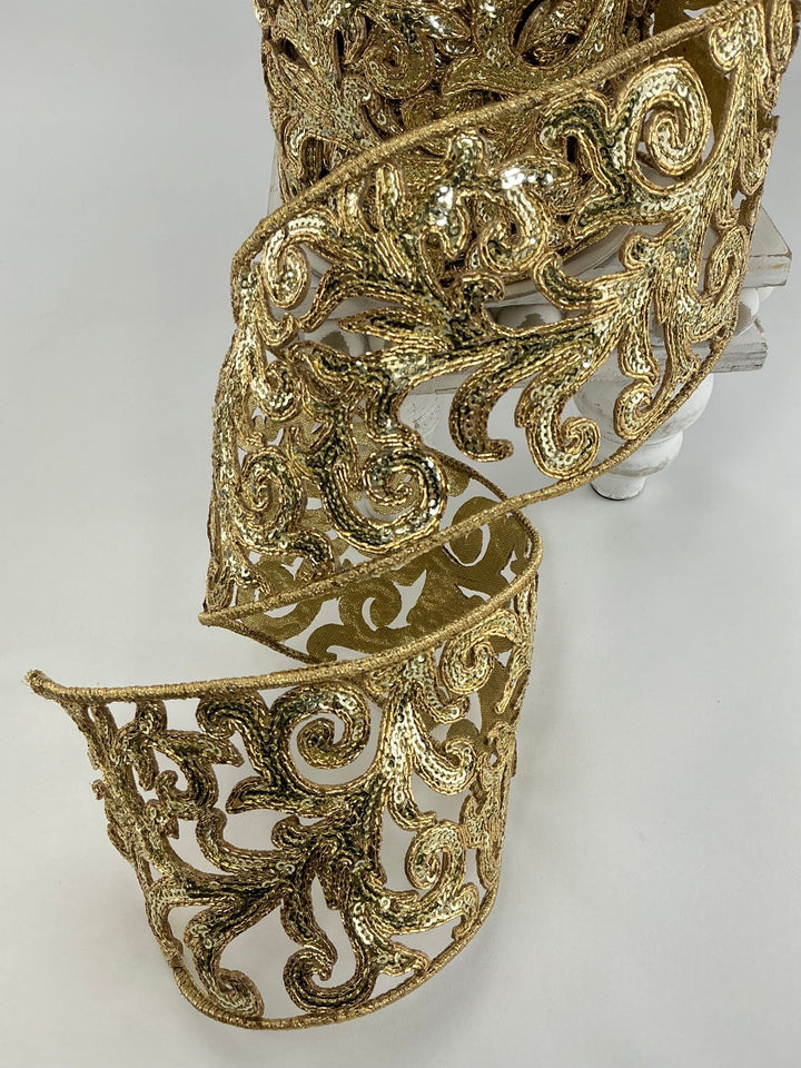 Farrisilk gold sequin acanthus wired ribbon - 4” - Greenery Marketwired ribbonRK745 - 50