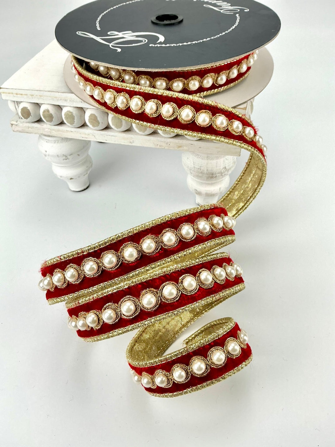 Farrisilk pearl border on red velvet ribbon - 1” - Greenery Marketwired ribbonRK316 - 02