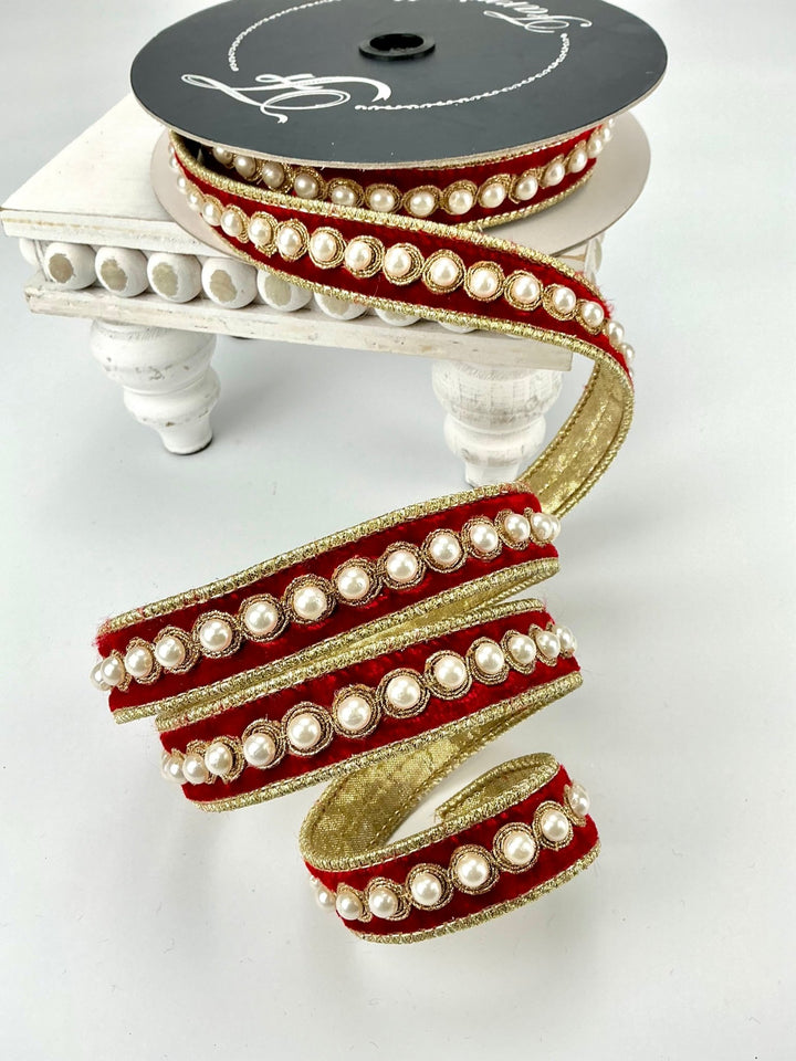 Farrisilk pearl border on red velvet ribbon - 1” - Greenery Marketwired ribbonRK316 - 02