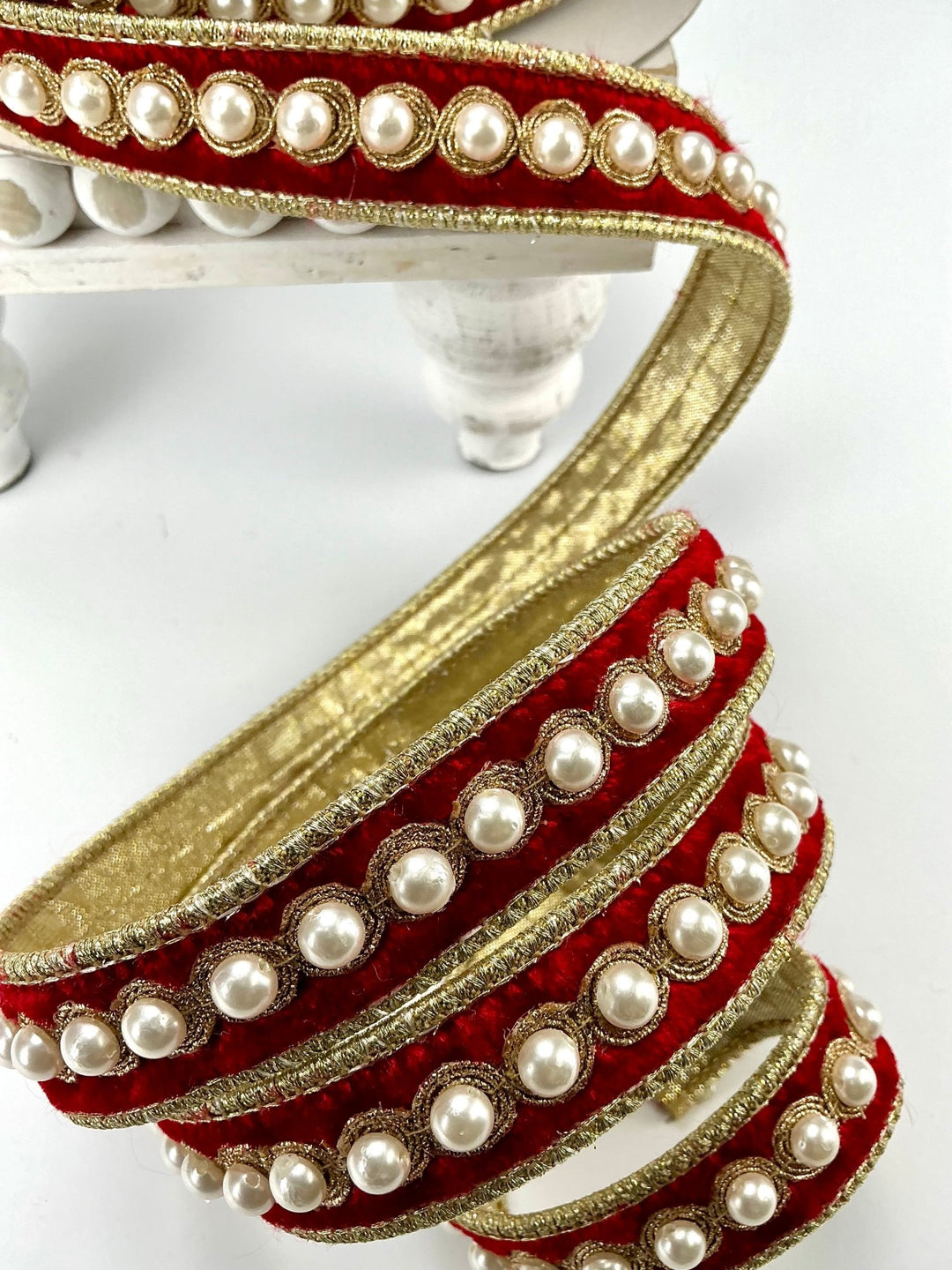 Farrisilk pearl border on red velvet ribbon - 1” - Greenery Marketwired ribbonRK316 - 02