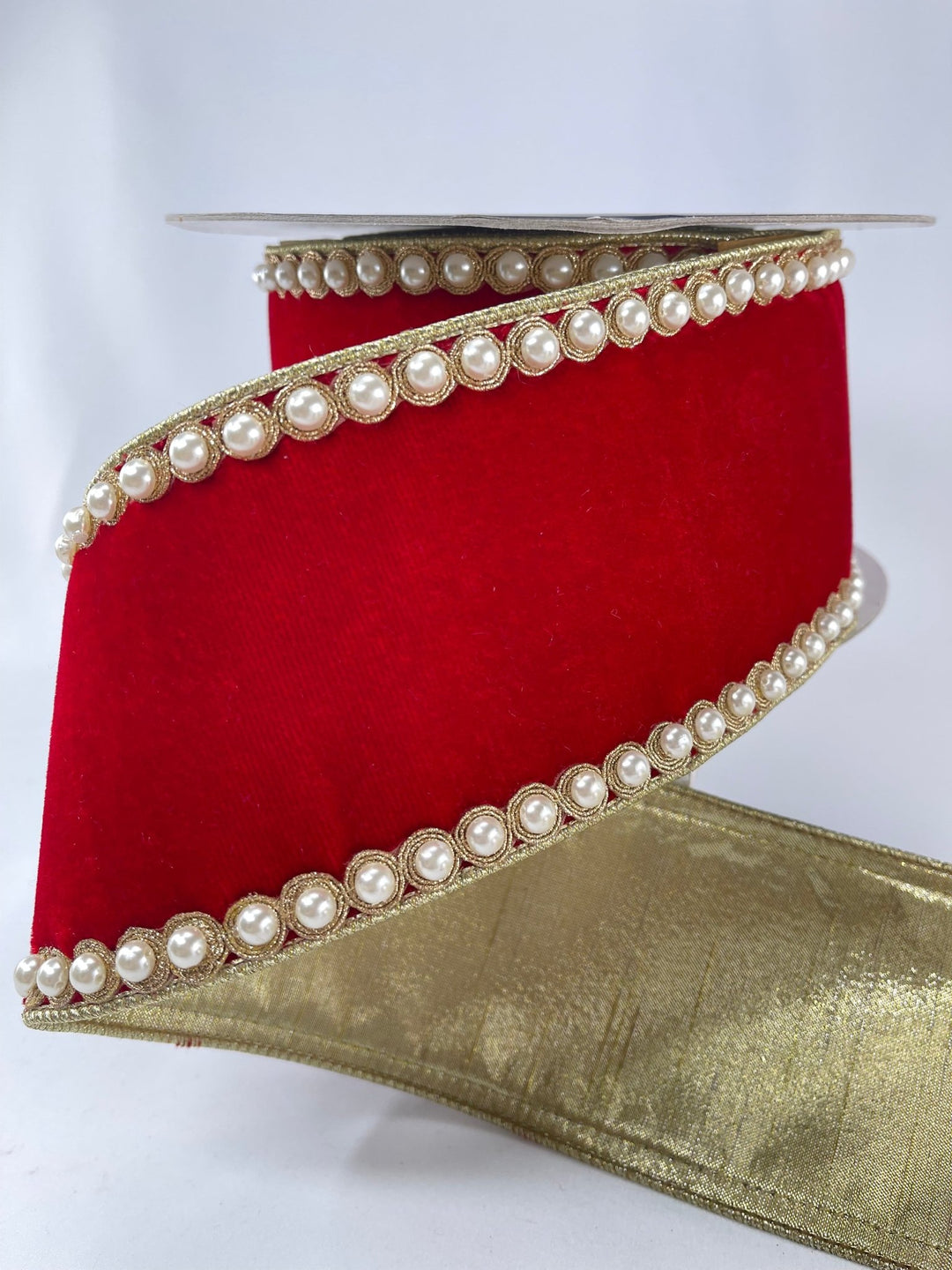 Farrisilk pearl border on red velvet ribbon - 4” - Greenery Marketwired ribbonRK317 - 02