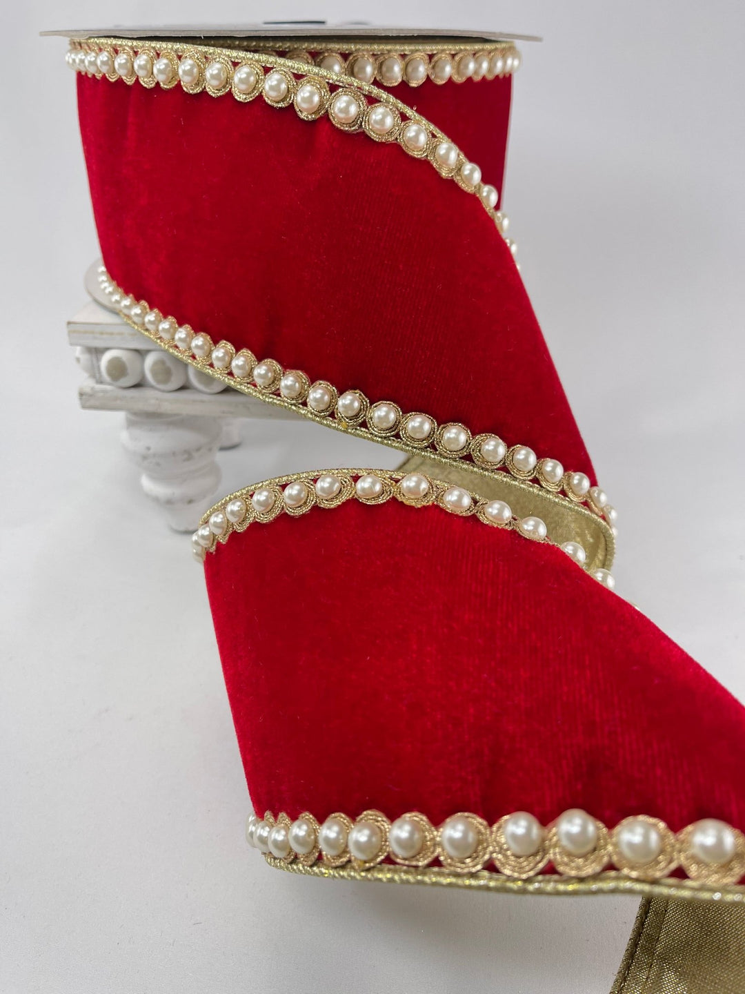 Farrisilk pearl border on red velvet ribbon - 4” - Greenery Marketwired ribbonRK317 - 02