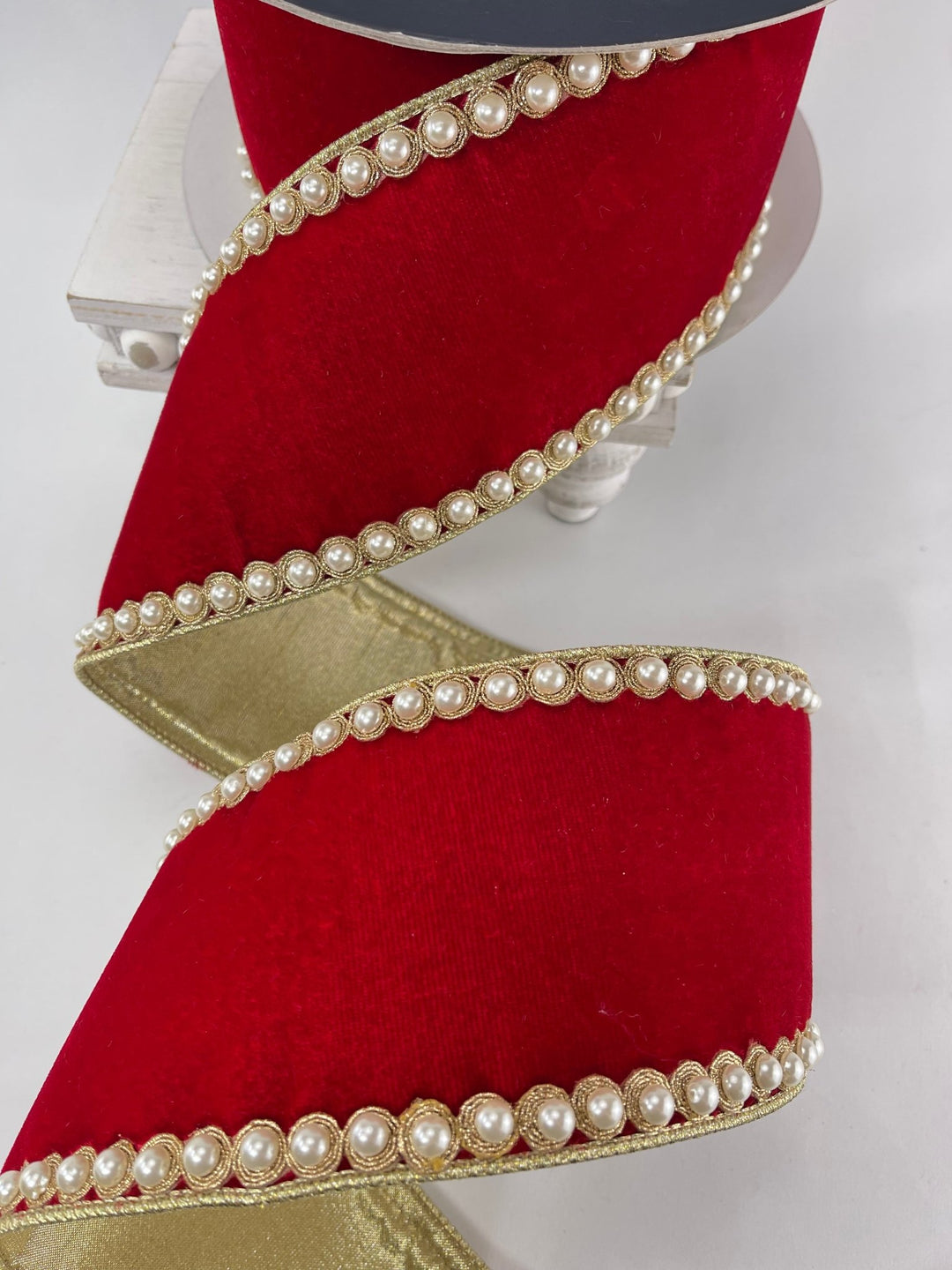Farrisilk pearl border on red velvet ribbon - 4” - Greenery Marketwired ribbonRK317 - 02