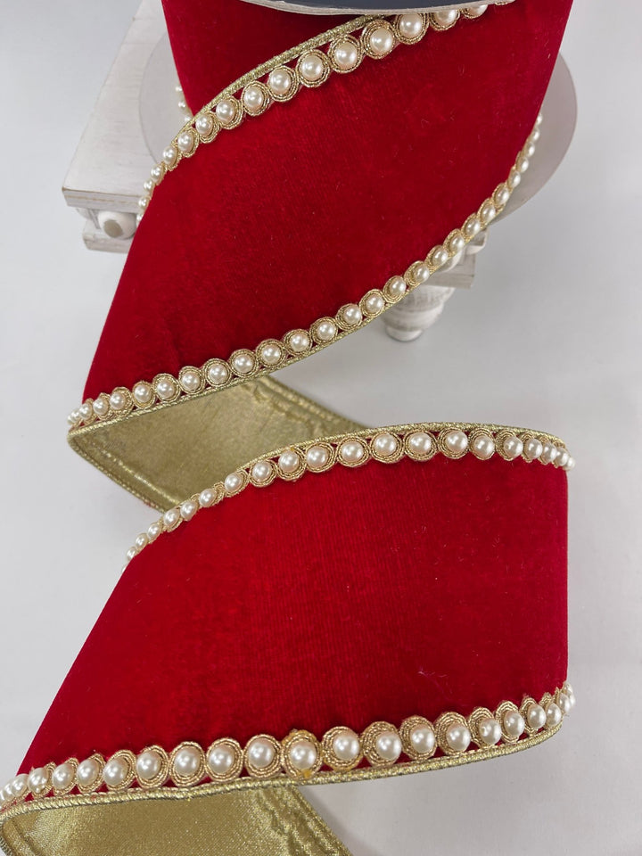 Farrisilk pearl border on red velvet ribbon - 4” - Greenery Marketwired ribbonRK317 - 02