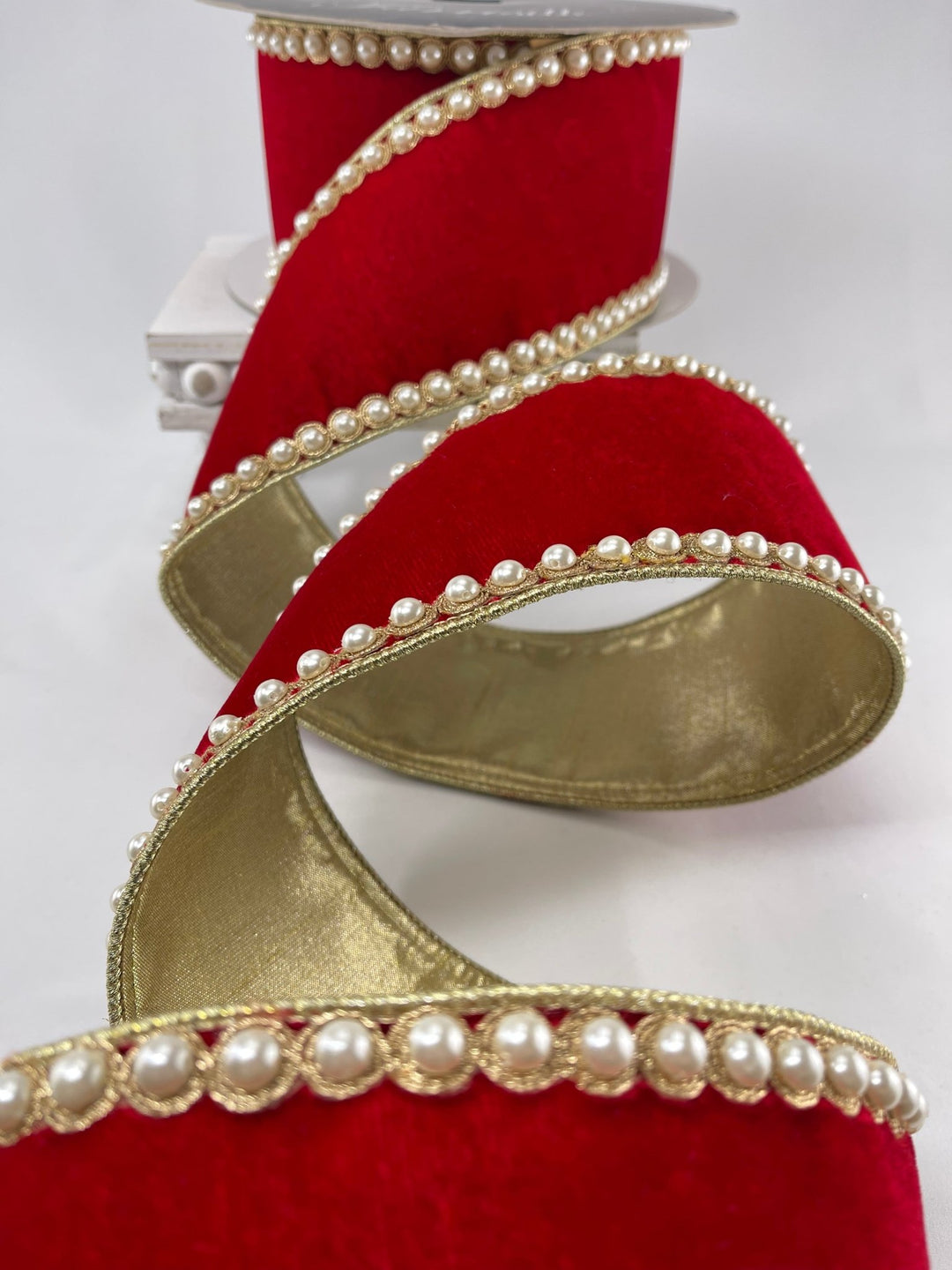 Farrisilk pearl border on red velvet ribbon - 4” - Greenery Marketwired ribbonRK317 - 02