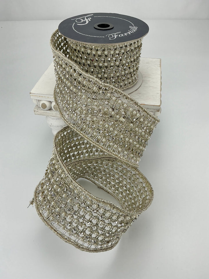 Farrisilk platinum flashy Victorian pearl ribbon - 3” - Greenery Marketwired ribbonRK284 - 51