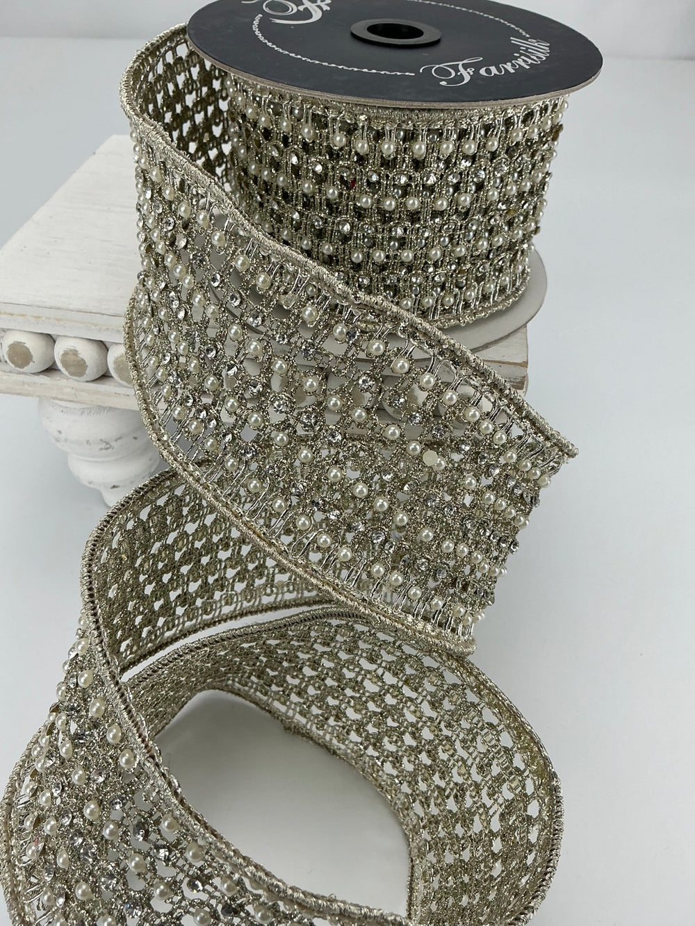 Farrisilk platinum flashy Victorian pearl ribbon - 3” - Greenery Marketwired ribbonRK284 - 51
