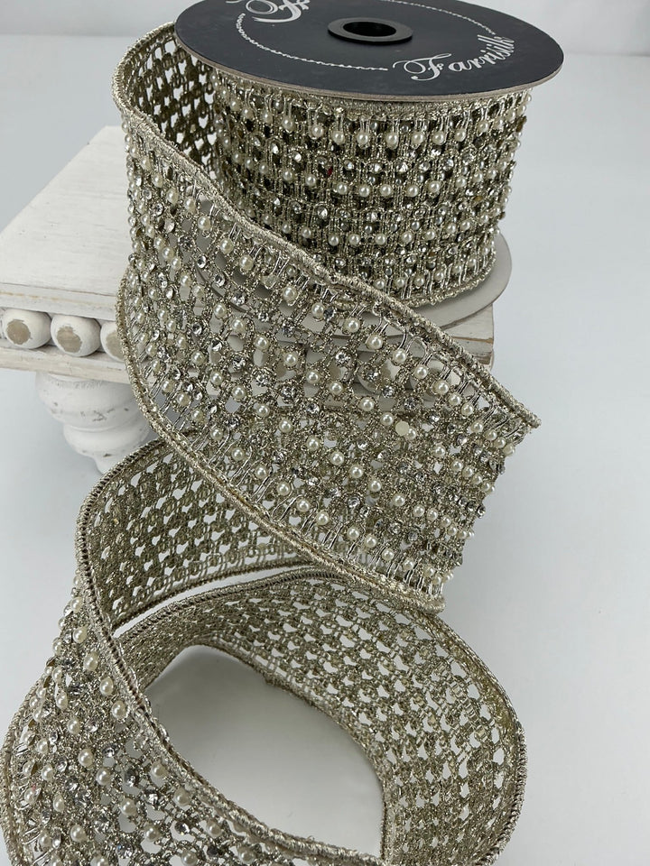 Farrisilk platinum flashy Victorian pearl ribbon - 3” - Greenery Marketwired ribbonRK284 - 51