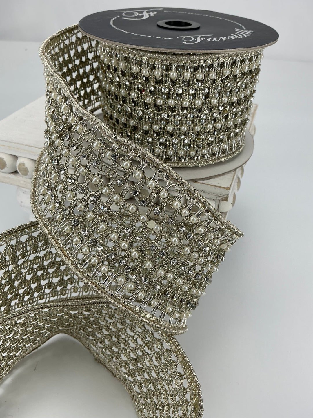 Farrisilk platinum flashy Victorian pearl ribbon - 3” - Greenery Marketwired ribbonRK284 - 51