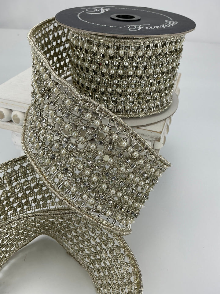 Farrisilk platinum flashy Victorian pearl ribbon - 3” - Greenery Marketwired ribbonRK284 - 51