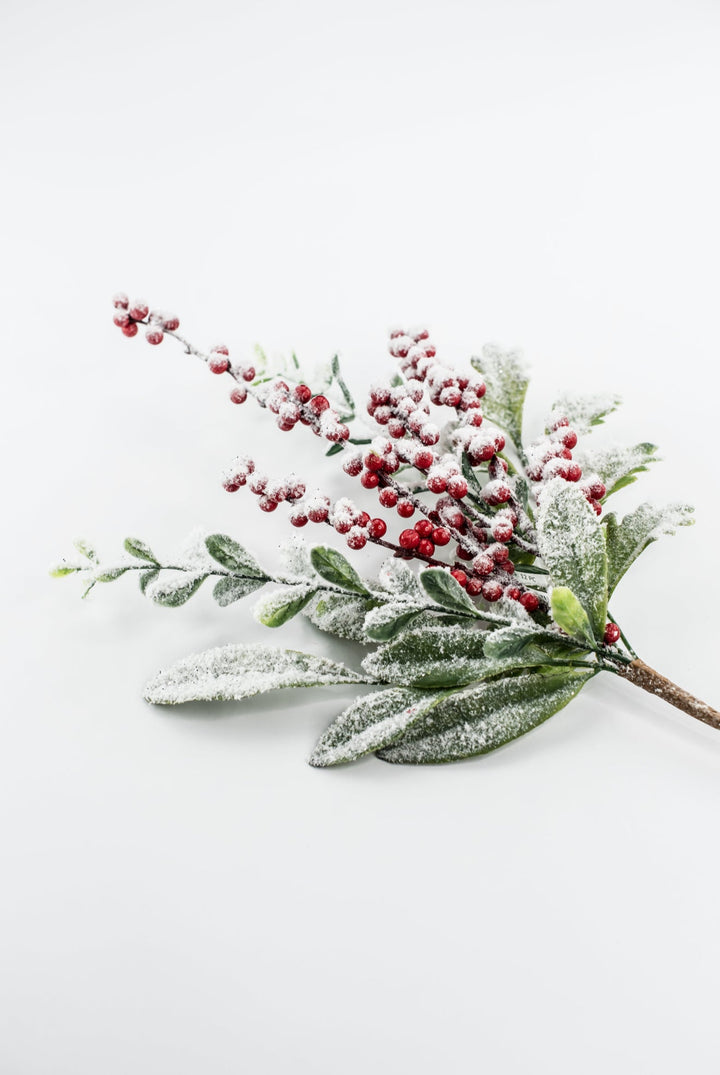 Flocked Berry Leaves Spray - Greenery Market86563SNOW