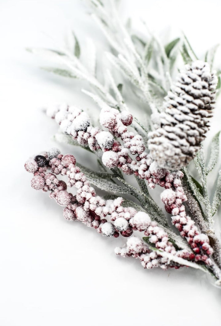 Flocked greenery and red berries spray - Greenery Market84544